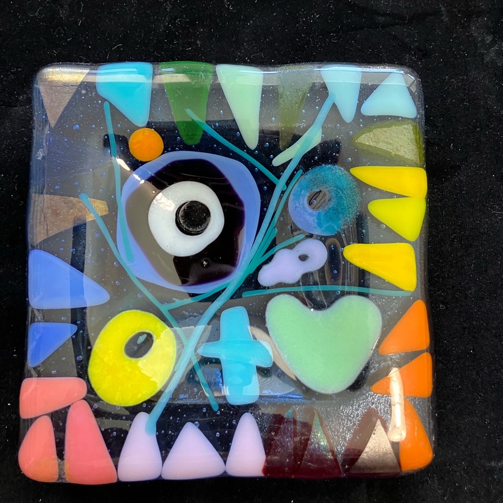 Handmade Fused art glass Small Square Tray 5” Greek Eye Design